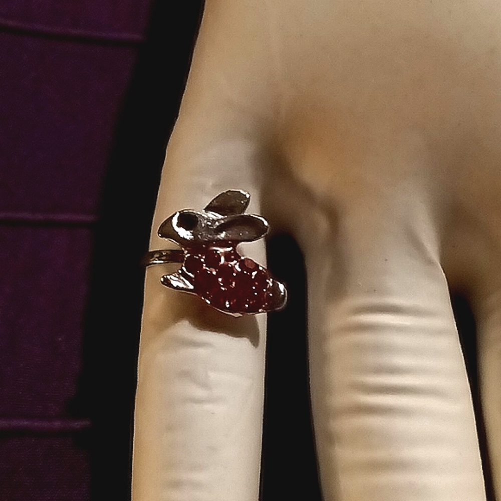 Child's, Adjustable, Silver plated w/red&black rhinestones, Bunny ring